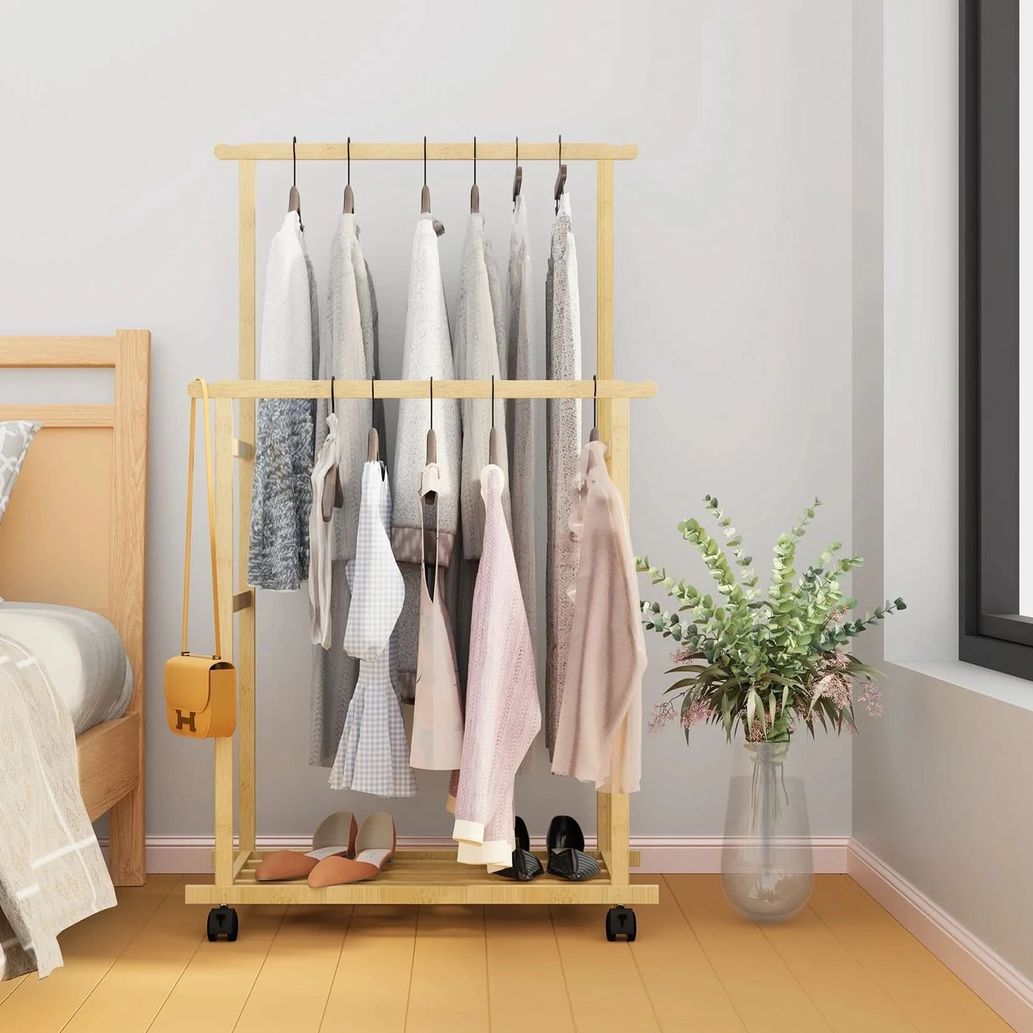Bambus-Garderobe, Kleiderständer, Schwerlast-Kleiderregal mit Schuh- und Kleideraufbewahrungsablagen