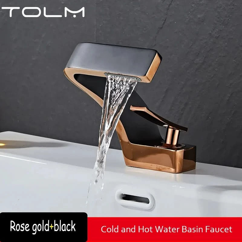 TOLM Messing Schwarz Gold Waschtischarmatur Badezimmer Waschbeckenarmaturen Warm Kalt Wasserhahn Mischer Deck Montiert Einhebel Loch Bad Küche
