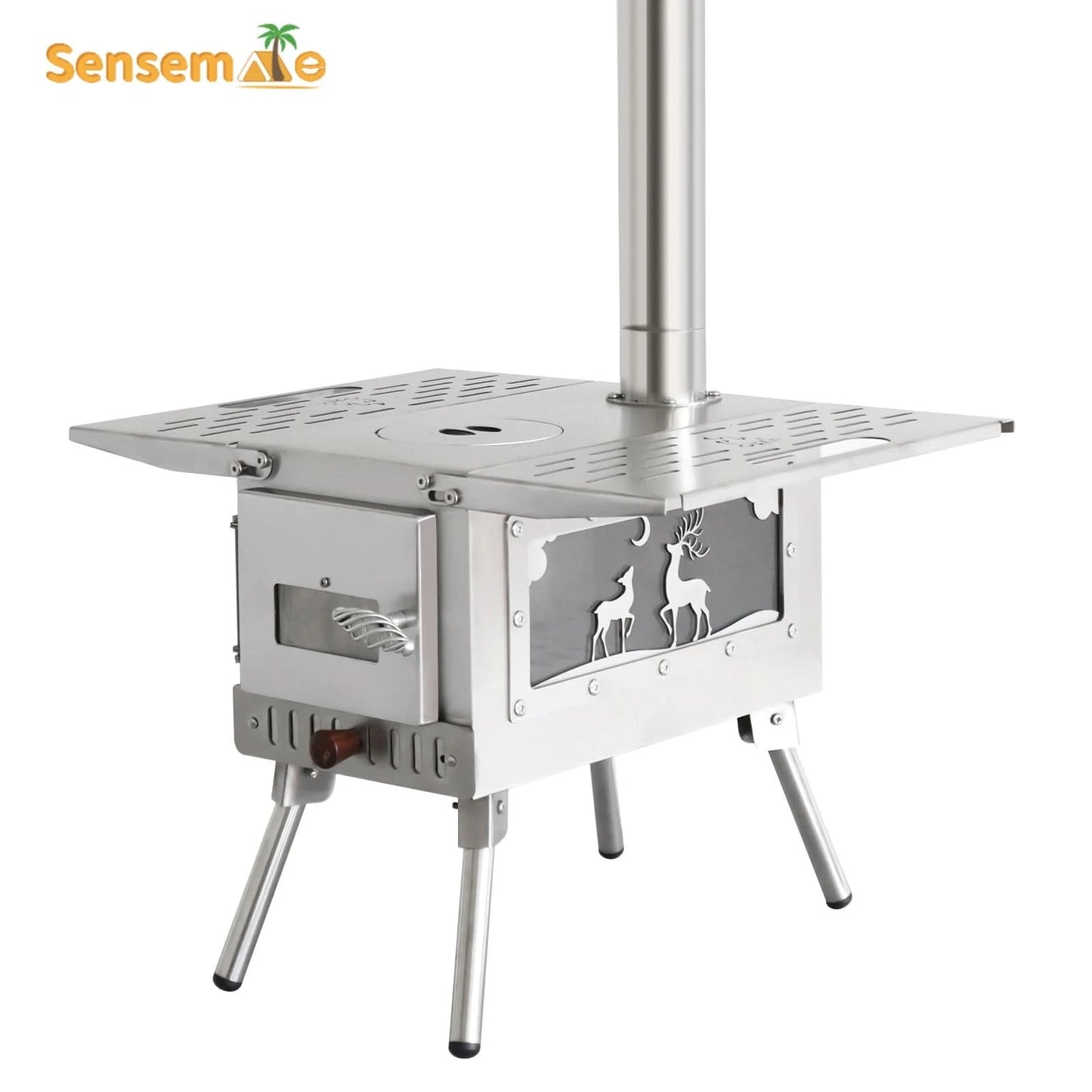 Camping Wood Stove Fire View Side Glass Portable Folding Wood Burner with Chimney Stainless Steel Tent Heater for Ice Fishing