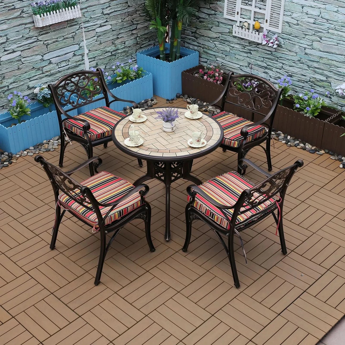 Tile Patio Table Aluminum Frame Outdoor Table Bistro Table All Weather Garden Table Faux Wood Grain Backyard Table Dining Table