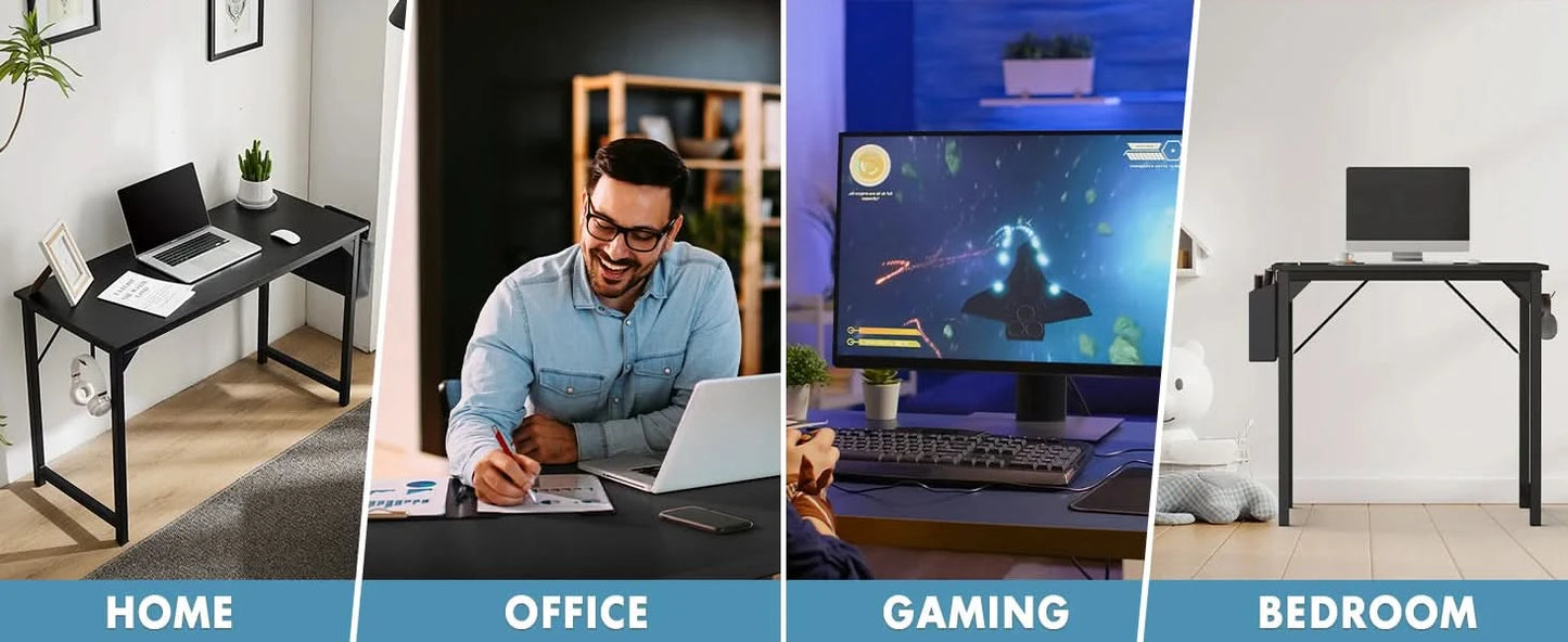 JHK Computertisch Schreibtisch Büro Gaming-Tisch Modern Einfacher Stil Kompakt mit Seitentasche Kopfhörerhaken Leichte Montage