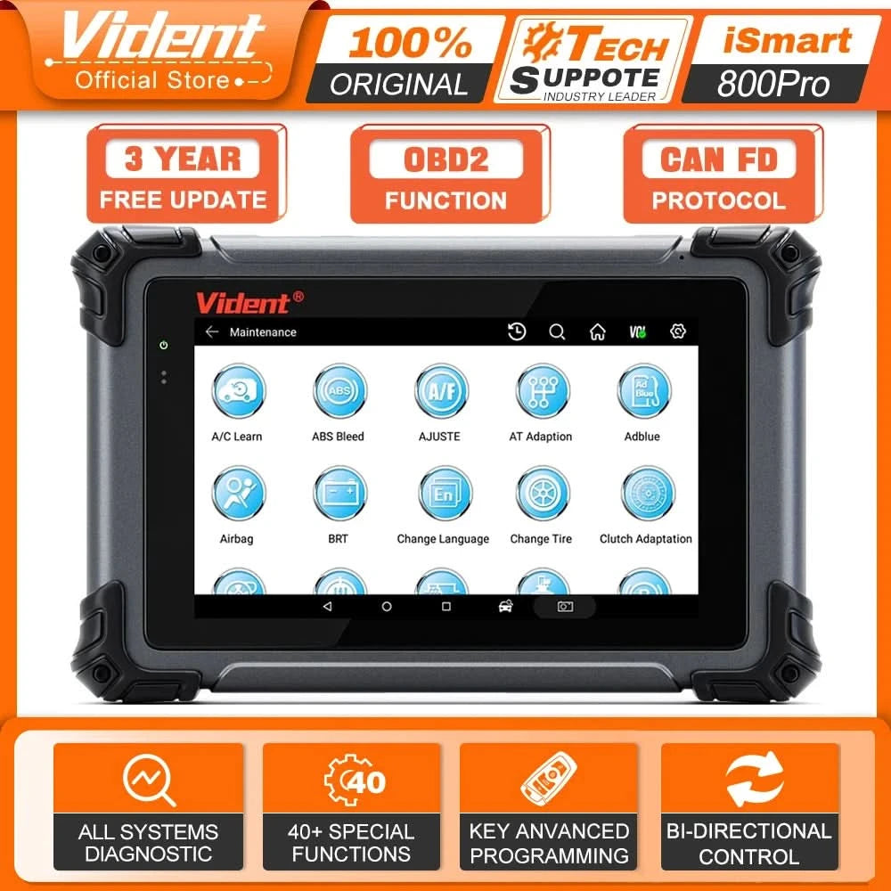 VIDENT iSmart800 Pro OBD2 Scanner, vollständiges System, Fahrzeugdiagnosetool, Schlüsselprogrammierung, bidirektionale Steuerung, über 40 Reset-Funktionen, CAN FD & DoIP
