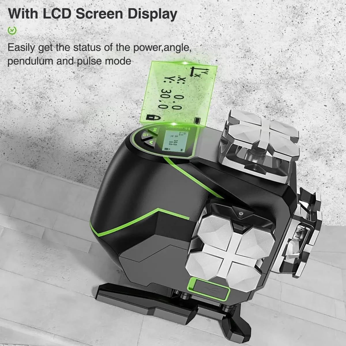 Huepar 4D 16 Lines Laser Level Self Leveling 4x360°Cross Line LCD Screen Bluetooth Remote Green Beam Tiling Floor with Receiver