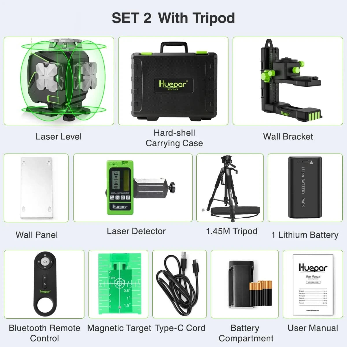 Huepar 4D 16 Lines Laser Level Self Leveling 4x360°Cross Line LCD Screen Bluetooth Remote Green Beam Tiling Floor with Receiver