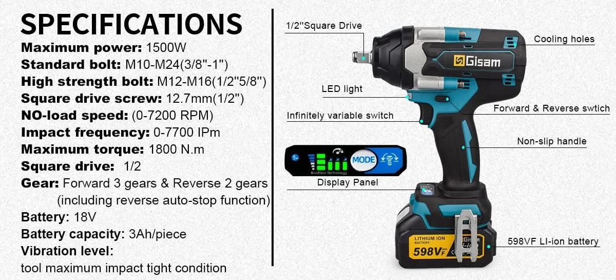 1800N.M Torque Brushless Electric Impact Wrench 1/2 inch Lithium-Ion Battery Cordless Wrench Tools For Makita 18V Battery Pins