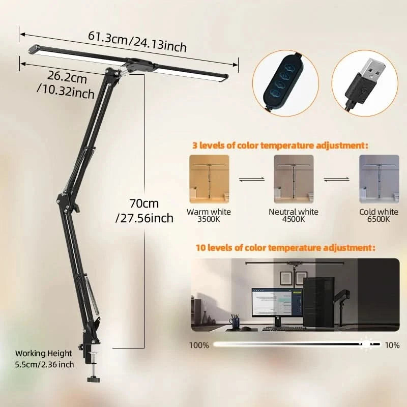 Clip Table Lamp Led Monitor Light Stand USB 3 Color Modes and 10 Dimmable Reading Lights for Study Office Double Head Desk Lamp