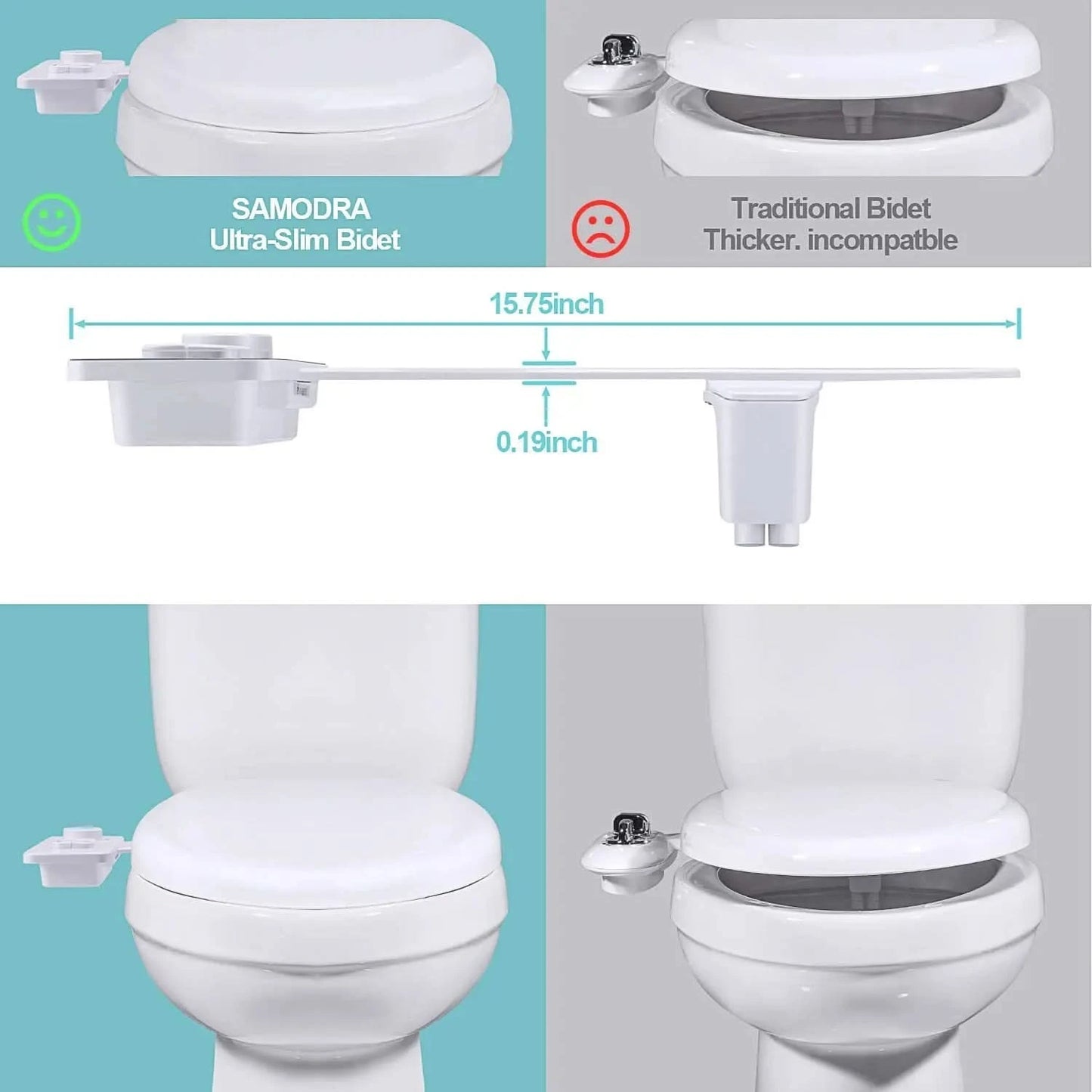 Samodra Toiletten-Bidet-Dusche, ultradünner Bidet-Toilettensitzaufsatz, nicht-elektrischer Bidet-Sprayer, Dual-Düsen, vordere und hintere Reinigung