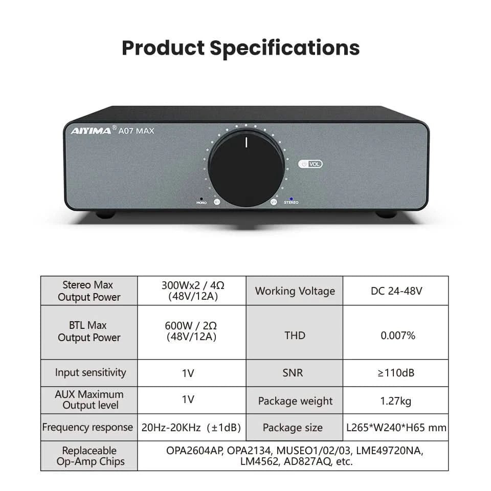 AIYIMA Audio A07 MAX Stereo Amplifier 300W X2 TPA3255 Power Amp 2 Channel Bridgeable Mono 600W  Amplifier for Passive Speaker