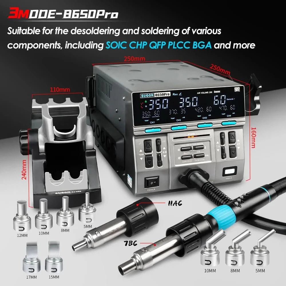 SUGON 8650pro 1300W Heißluft-Nacharbeitsstation 3-Modus Digitalanzeige Intelligente BGA-Nacharbeitsstation für BGA-Leiterplattenchip-Reparaturwerkzeug