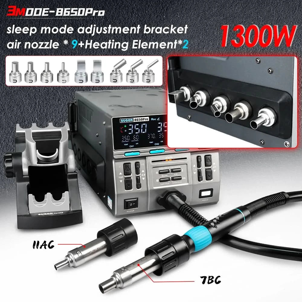 SUGON 8650pro 1300W Heißluft-Nacharbeitsstation 3-Modus Digitalanzeige Intelligente BGA-Nacharbeitsstation für BGA-Leiterplattenchip-Reparaturwerkzeug