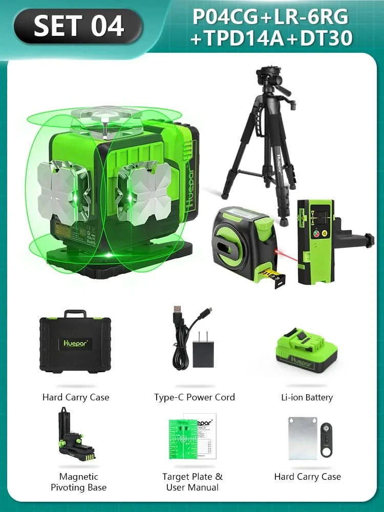 Huepar 16 Linien 4D Laser-Nivelliergerät P04CG 360 Horizontale und vertikale Selbstnivellierung Bluetooth-Fernbedienung mit Li-Ionen-Akku