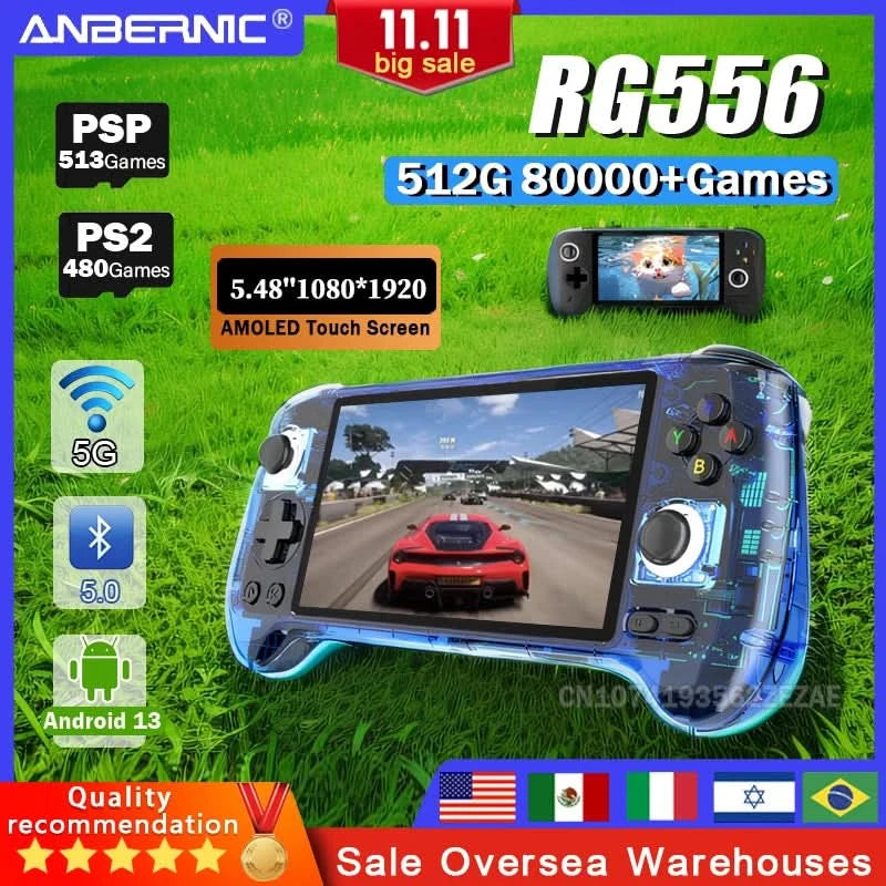 ANBERNIC RG556 Handheld-Spielekonsole 5,48 Zoll AMOLED-Bildschirm 1080*1920 Android 13 RAM8G+128G PS2-Spiel 5G WIFI 512G 80000Spiele