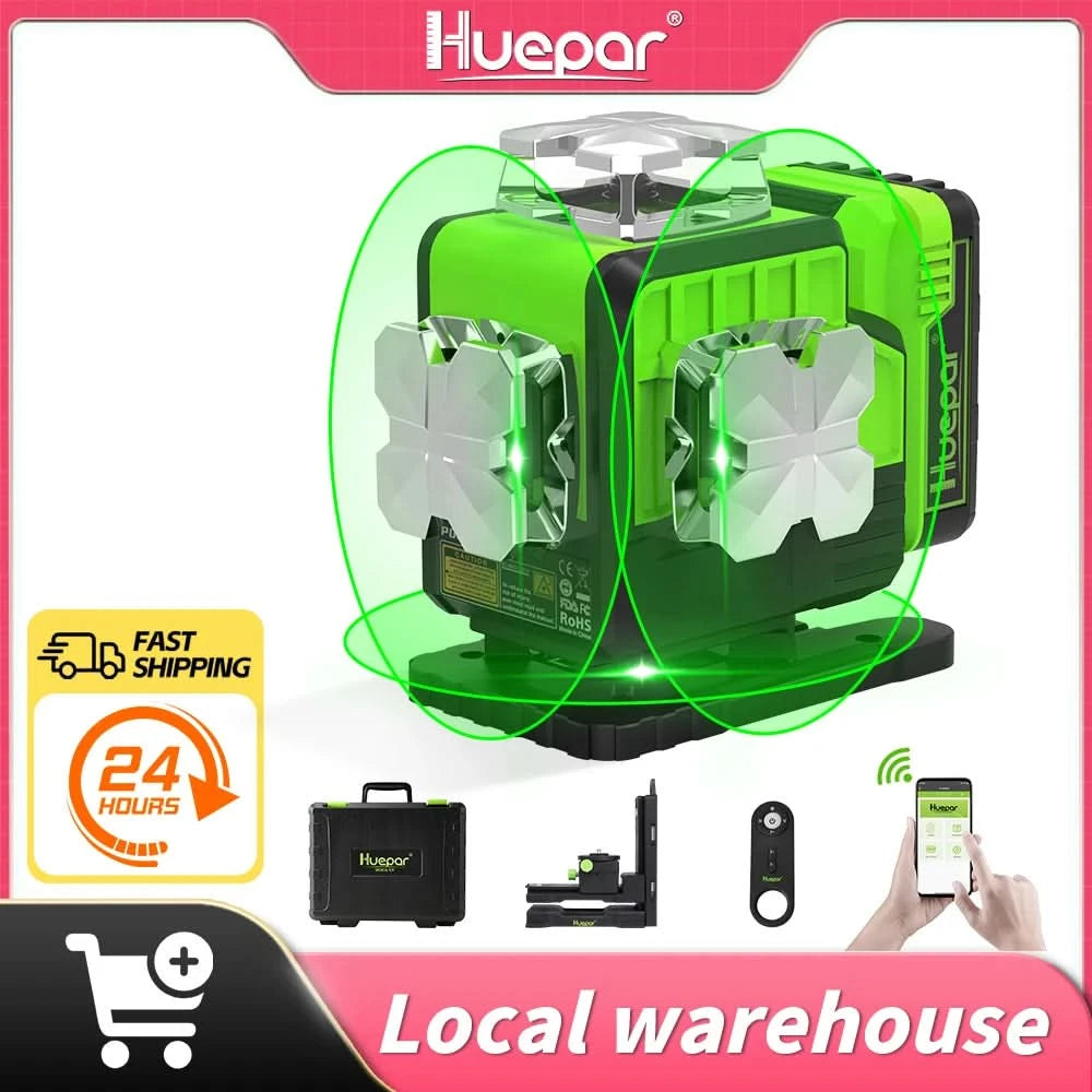 Huepar 16 Linien 4D Laser-Nivelliergerät P04CG 360 Horizontale und vertikale Selbstnivellierung Bluetooth-Fernbedienung mit Li-Ionen-Akku