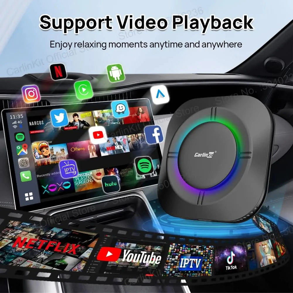 CarlinKit S2 CarPlay Ai Box LED Android 13 Streaming Box 64G/128G Qualcomm 8-Core Split Screen Smartes Fahrzeugsystem Wiedergabe von Videos