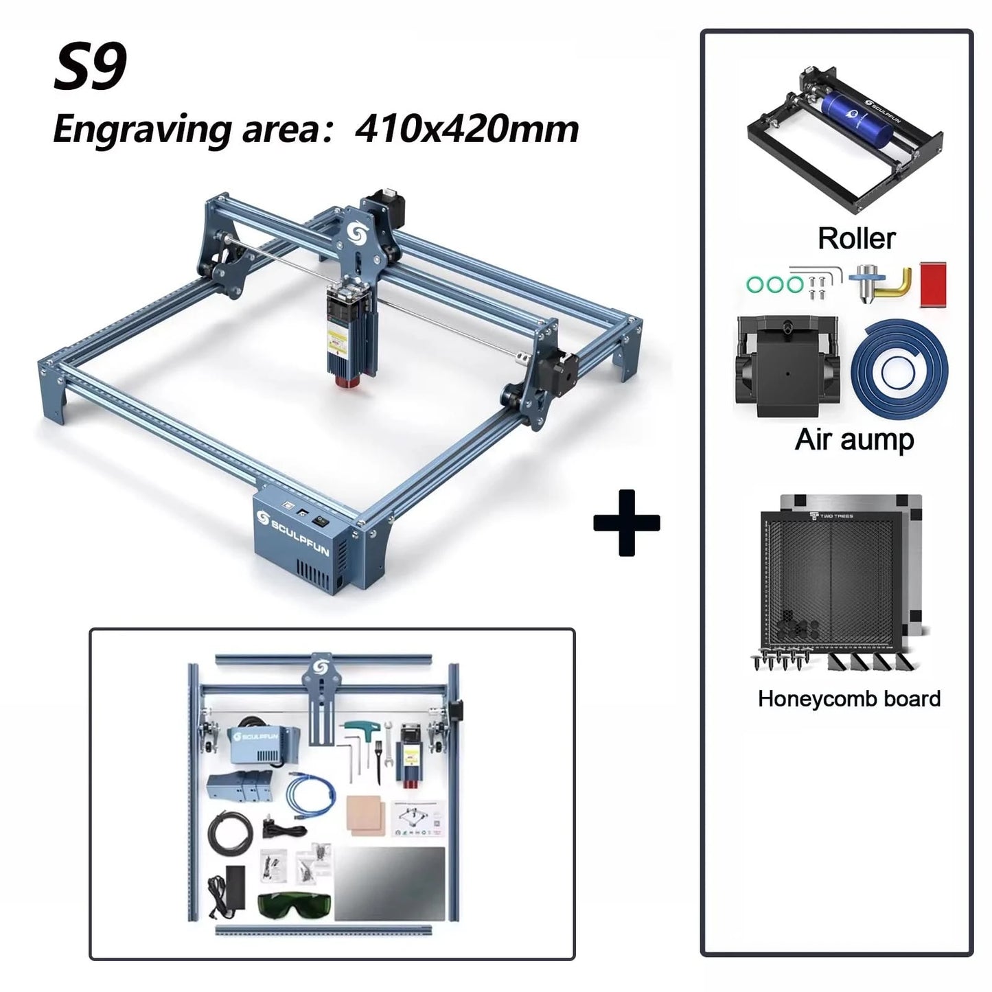 SCULPFUN S9 Lasermaschine 90W CO2 Laser-Effekt Gravur Schneidwerkzeug Hohe Genauigkeit 410x420mm Schnelle Montage