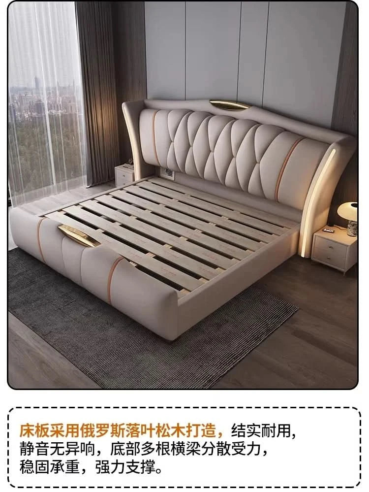 Home Leather bed with light modern minimalist lit 150x200 180x200 200x220 cm Double bed 2 people bedroom beds frames Furniture