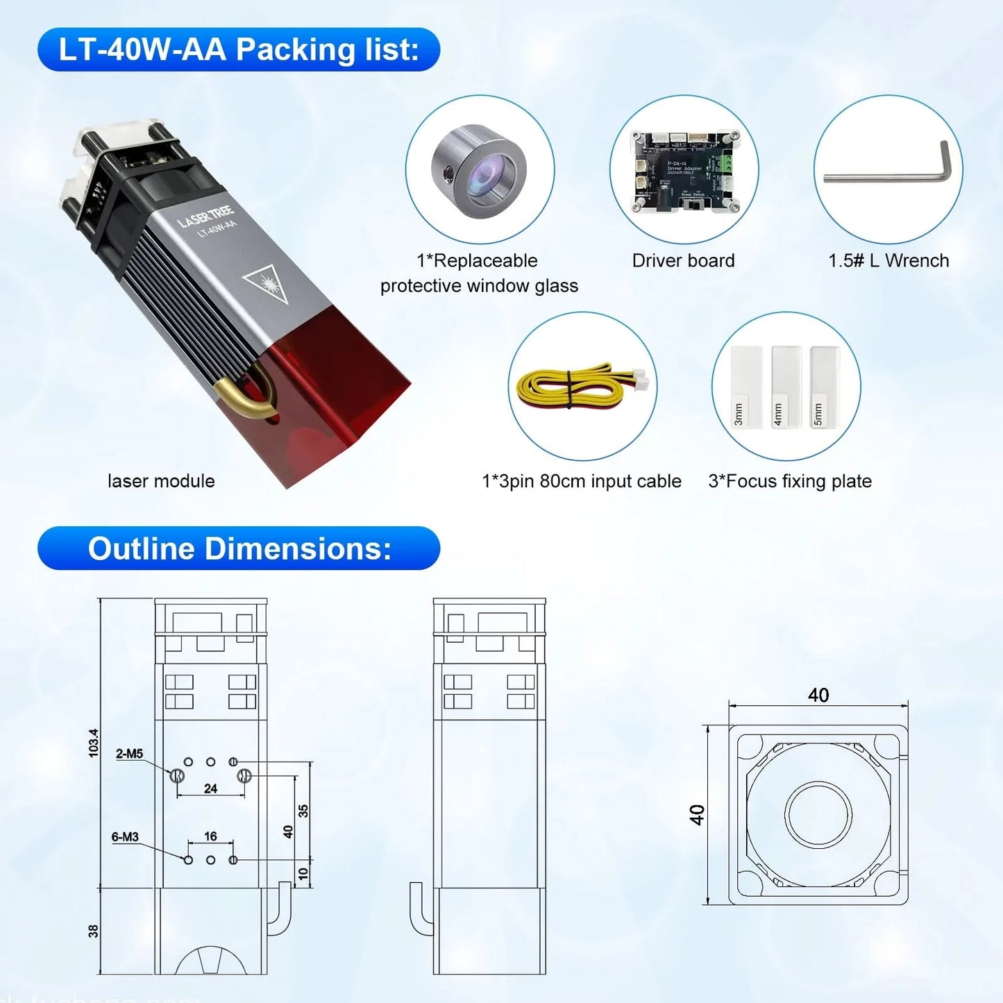 LASER TREE 4W 5W Power Laser Module 450nm TTL Blue Light Laser Head for Laser Engraving Cutting Wood DIY Tools
