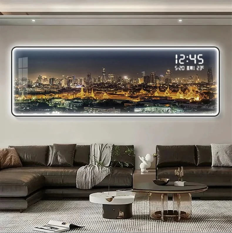 Modern Urban Night Scene Bedroom Bed Head Hanging Art Electronic Clock Landscape Architecture Living Room Sofa Background Wall D