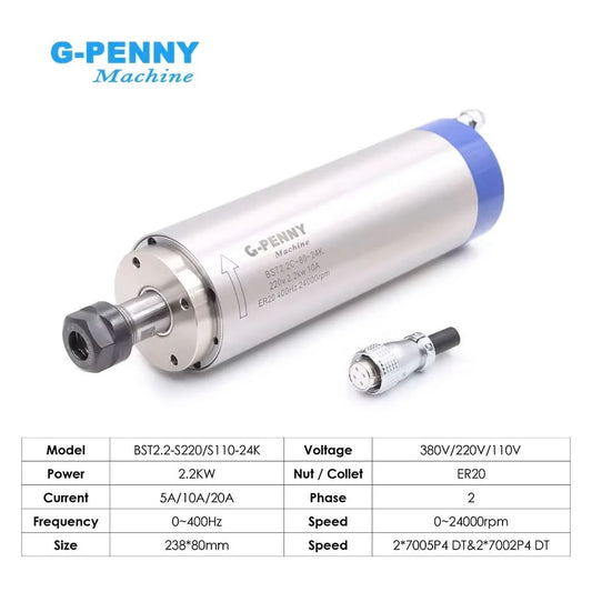 G-Penny Original 2.2kw ER20 Water Cooled Spindle Motor 80*230mm 220v / 380v 4pcs 7series Ceramic Bearings 0.01mm Longer Type