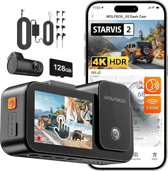 WOLFBOX X5 3-Kanal 4K Dashcam STARVIS 2 IMX678 4K+2.5K Dreifach-Auto-Kamera für vorne, hinten und innen 5.8GHz WiFi Spiegel-Auto-DVR