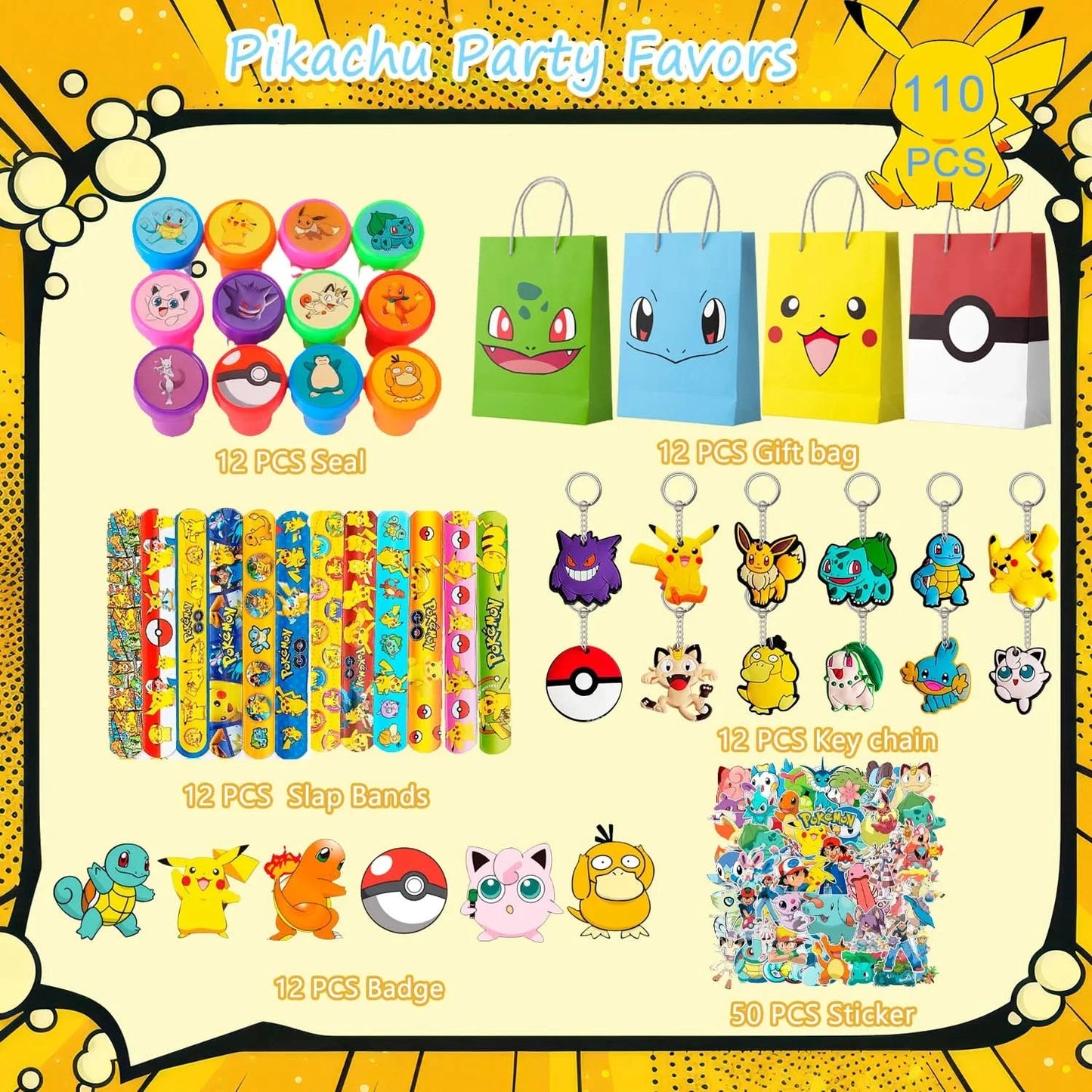 Pokémon-Geburtstagspartygeschenke für Kinder, 110-teiliges Pokémon-Partyzubehör – Pikachu-Geschenktüten, Abzeichen, Aufkleber usw. Pokémon-Partygeschenke