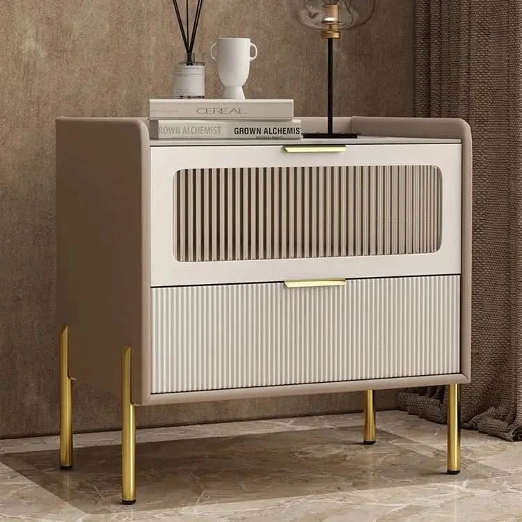 Bedside Table,Modern Light Luxury, Solid Wood Italian Simple Storage, Ultra-narrow Bed Leather Smart Side Cabinet Bedroom
