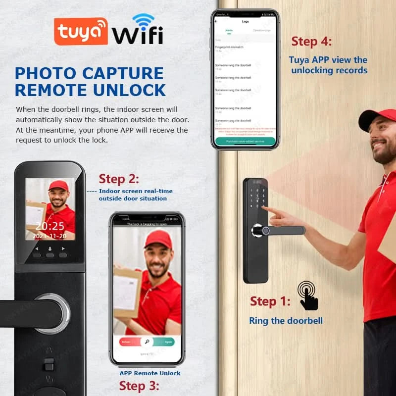 Aus Brasilien RAYKUBE K12 mit wiederaufladbaren Lithiumbatterien Tuya WiFi Kamera Elektronisches Schloss 3D-Gesicht Fingerabdruck Smart Türschloss