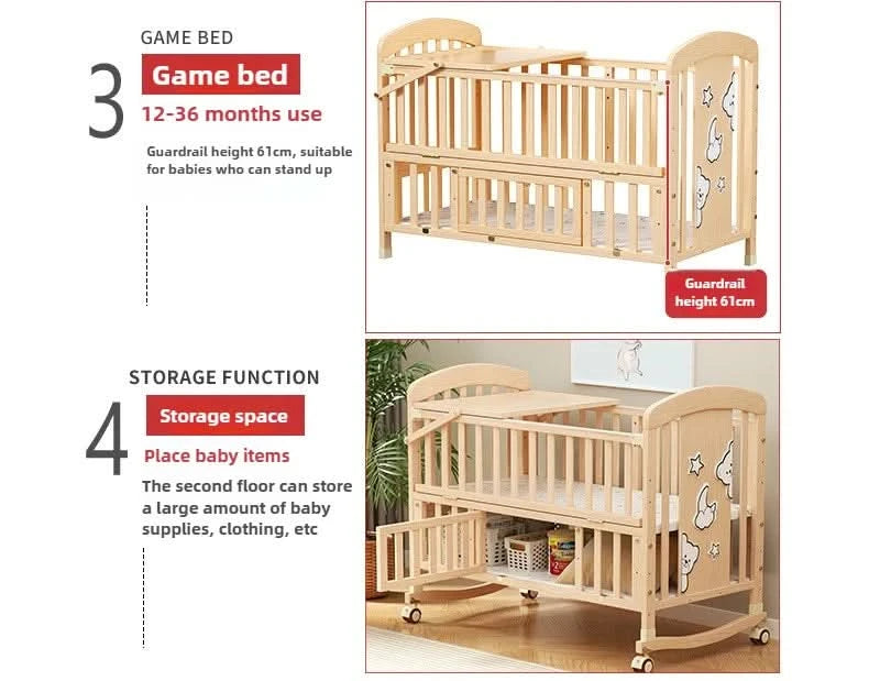 Baby Comfortable Sleeping Bed Solid Wood Newborn Baby Bed Multifunctional Baby Rocking Bed with Wheels and mosquito net