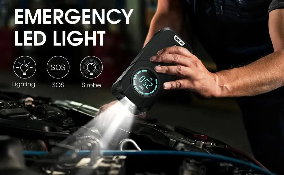 BUVAYE Auto-Multifunktions-Luftkompressor Starthilfe Luftpumpe Praktischer Reifenfüller Tragbarer Batteriestarter mit EVA-Tasche