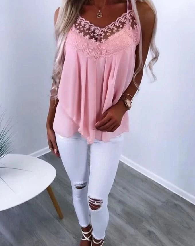 Women Clothes Spaghetti Strap Vest Summer New Casual Vacation Floral Pattern Lace Patch Ruched Scallop Trim Cami Top for Women