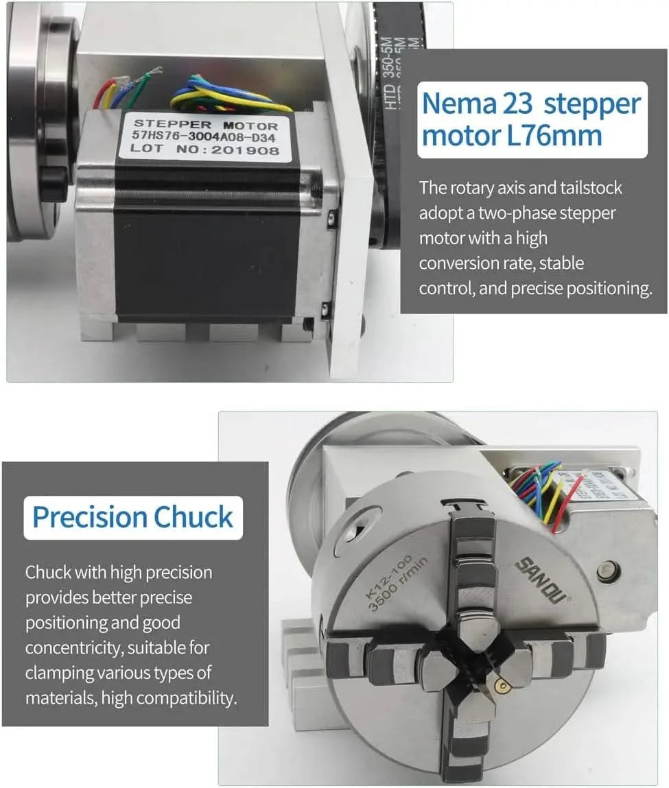 【EU&Brazil Stock】4 Axis Rotation A Axis Extend Rotary 4 Jaw 100mm K12-100 Chuck Nema23 Motor &Tailstock for Wood Metal Milling