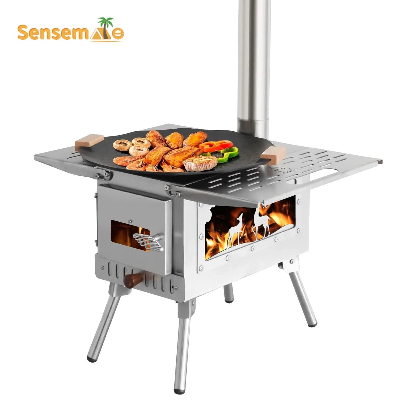 Camping Wood Stove Fire View Side Glass Portable Folding Wood Burner with Chimney Stainless Steel Tent Heater for Ice Fishing