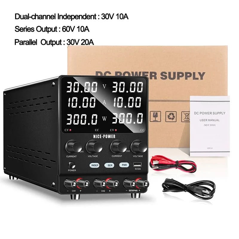NICE-POWER 30V 10A Zweikanal-DC-Labornetzteil 60V 120V 240V Doppel-Tischnetzteil mit positiver und negativer Spannungsausgabe