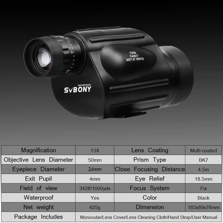Svbony Telescope SV49 13x50 Monocular Powerful,Professional Monoculars,Waterproof,camping Equipment,for travel and hunting