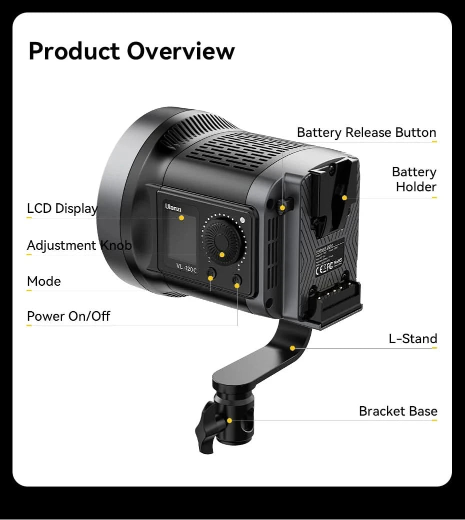 Ulanzi VL-120Bi VL-120C 120W V-Mount Video Light with Wireless Control CRI 95+ 2700K-6500K COB Lamp Indoor Outdoor Photography