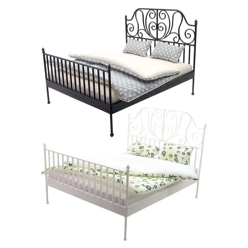 1/12 Dollhouse Simulation European Bed With Mattress Pillow Quilt Doll Home Iron Art Double Bed Bedroom Furniture Decoration Toy