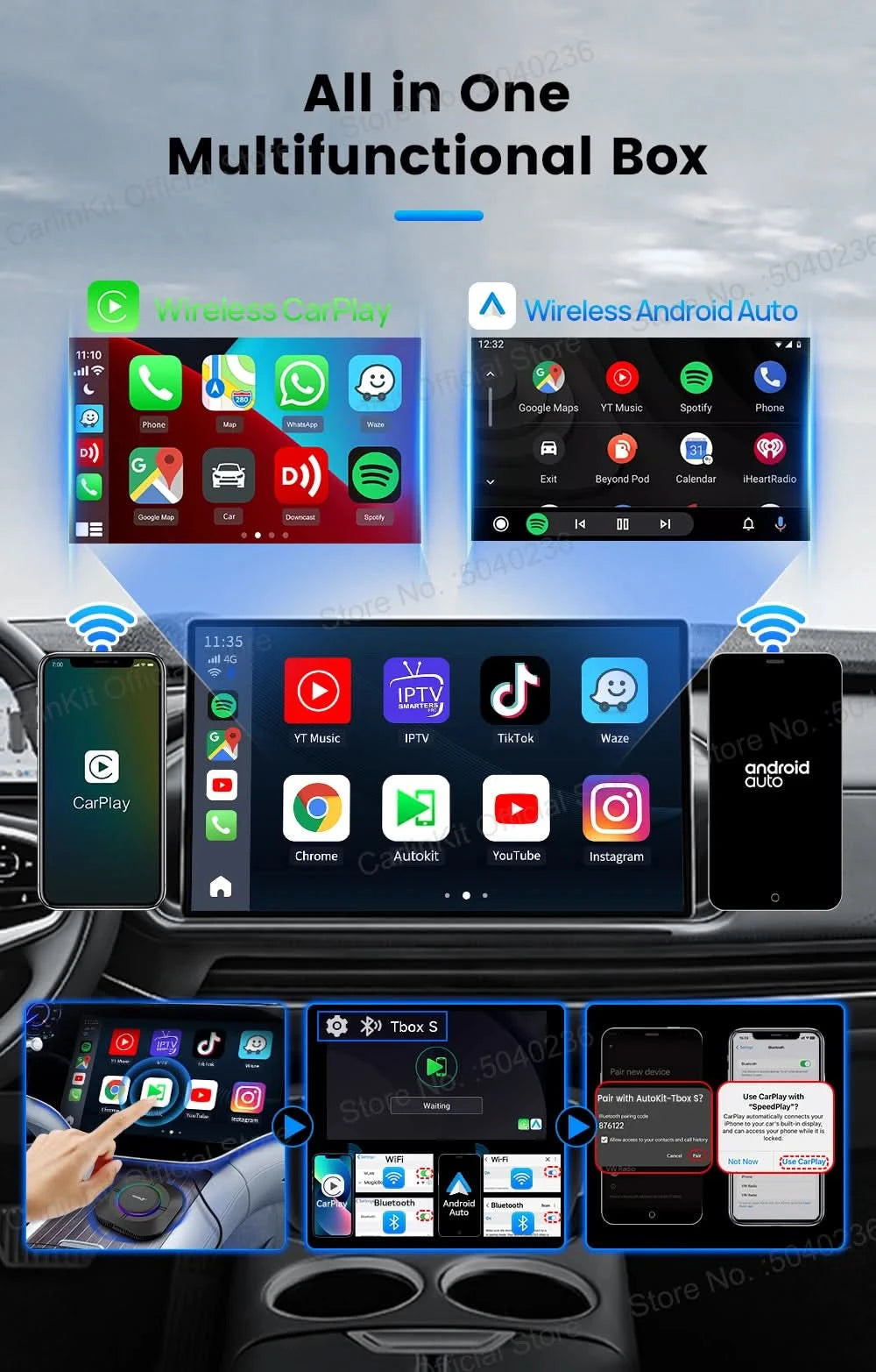 CarlinKit S2 CarPlay Ai Box LED Android 13 Streaming Box 64G/128G Qualcomm 8-Core Split Screen Smartes Fahrzeugsystem Wiedergabe von Videos