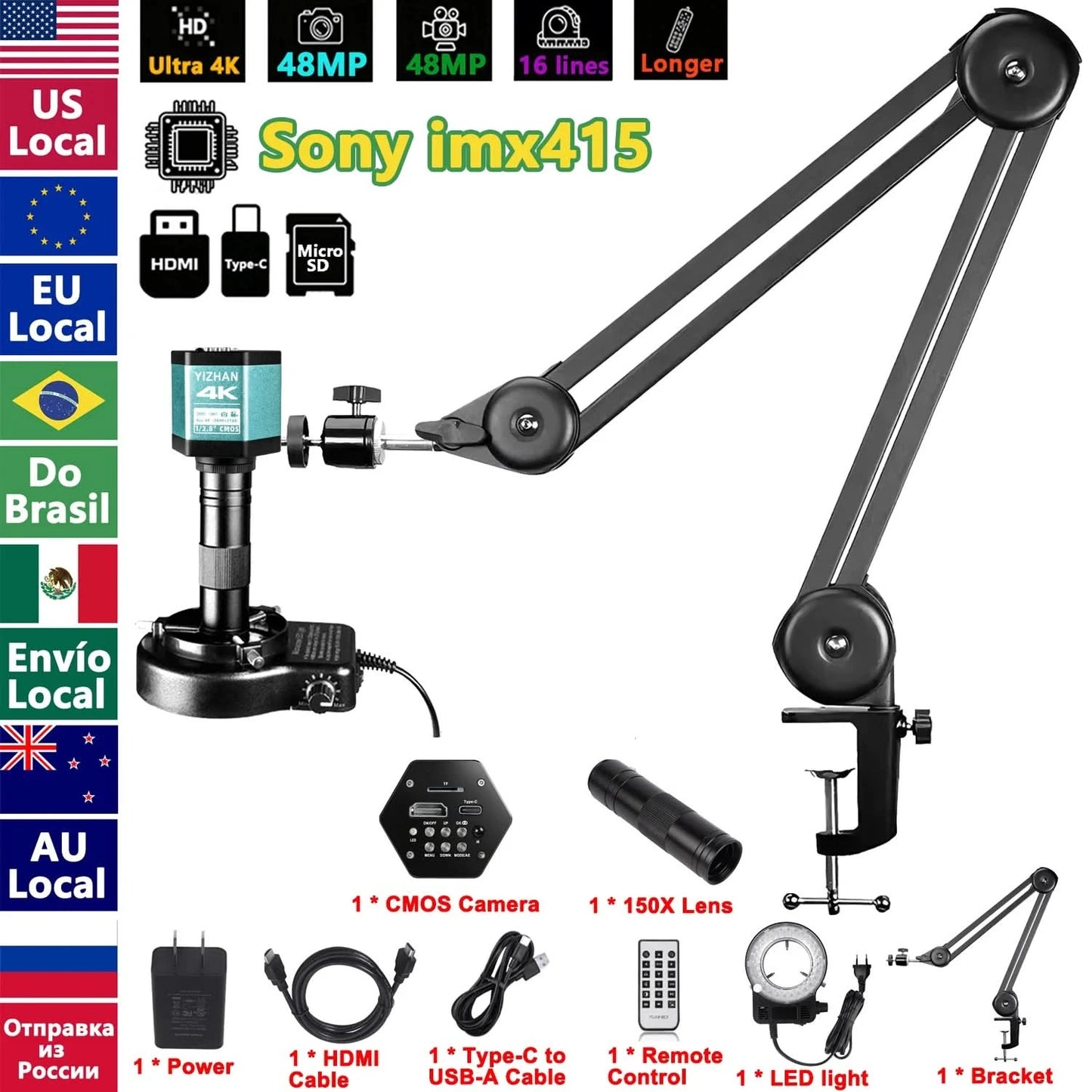 YIZHAN 4K Digital Microscope With Software, imx678 imx415 Sensor, 150X Electronic Microscope For Soldering, Reinforced Bracket