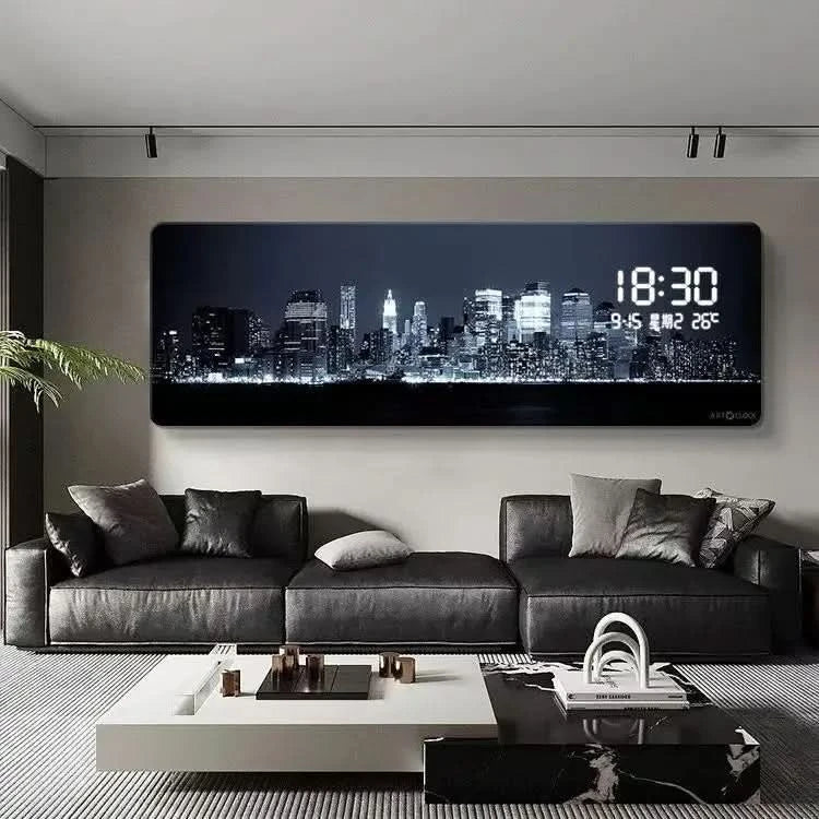 Modern Urban Night Scene Bedroom Bed Head Hanging Art Electronic Clock Landscape Architecture Living Room Sofa Background Wall D