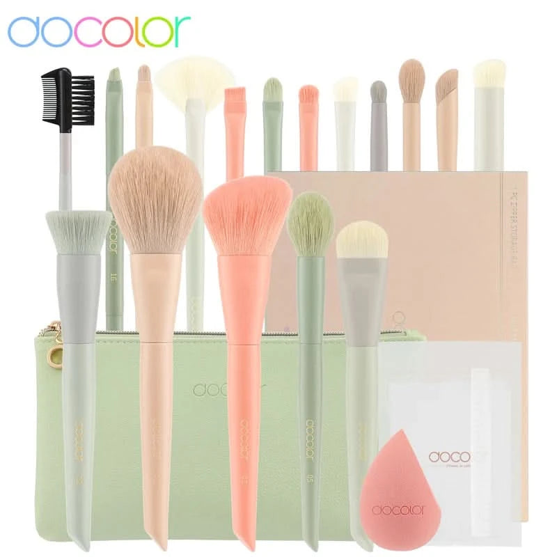 Docolor 17-teiliges Make-up-Pinsel-Set Lidschatten Rouge Puder Verblenden Foundation Kosmetikpinsel mit Make-up-Schwämmen und Tasche