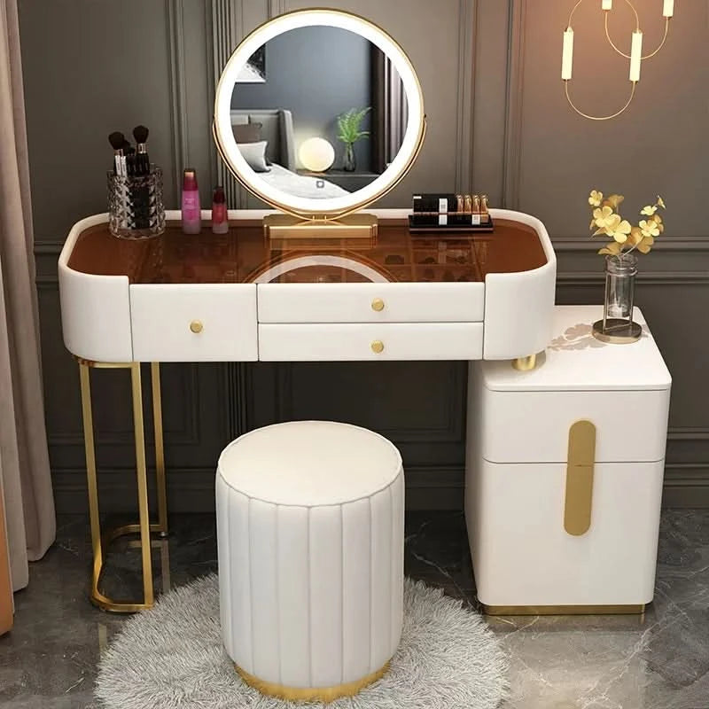 Luxury Jewelery Storage Dressing Table Glass Top Girls Unique Makeup Mirror Beauty Dressing Table Light White Muebles Decoration