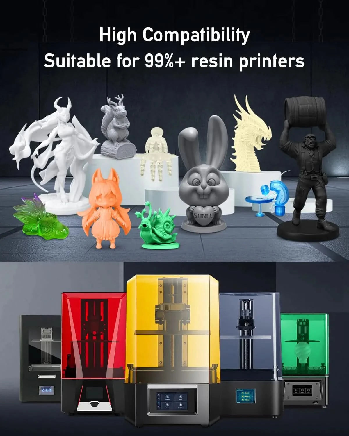 SUNLU 5KG ABS-Like/ Standard / Water-Wash/ 14K High Precision Resin 405nm Rapid UV-Curing Photopolymer Resin 1KG/Bottle