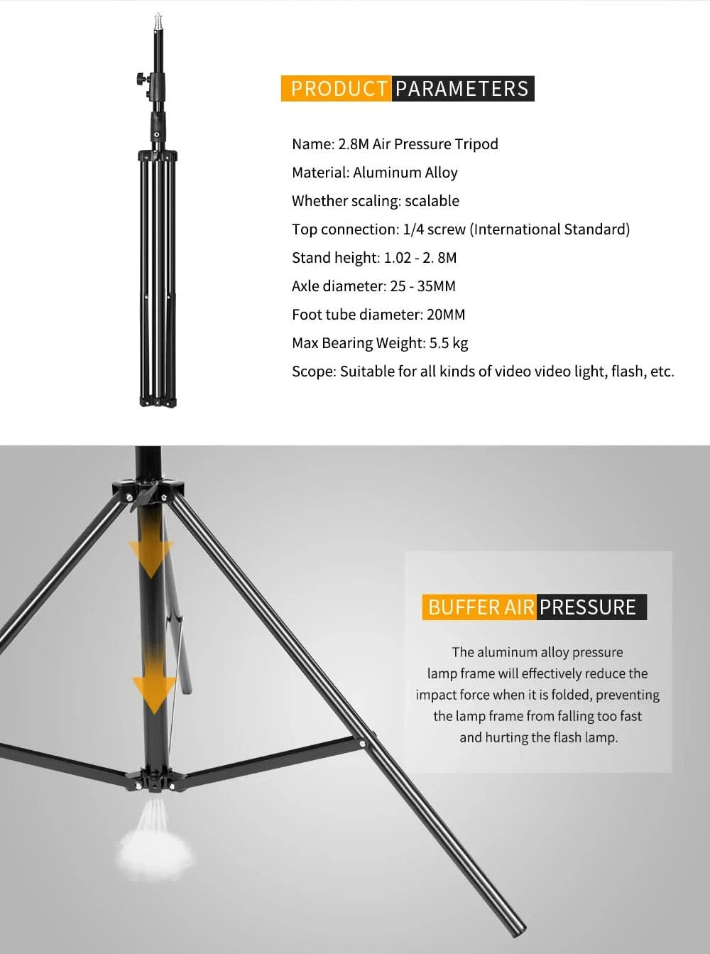 SH 280cm Edelstahl-Lampenstativ Fotostativ für Foto-Video-Beleuchtung Federgedämpftes Hochleistungs-Stativ
