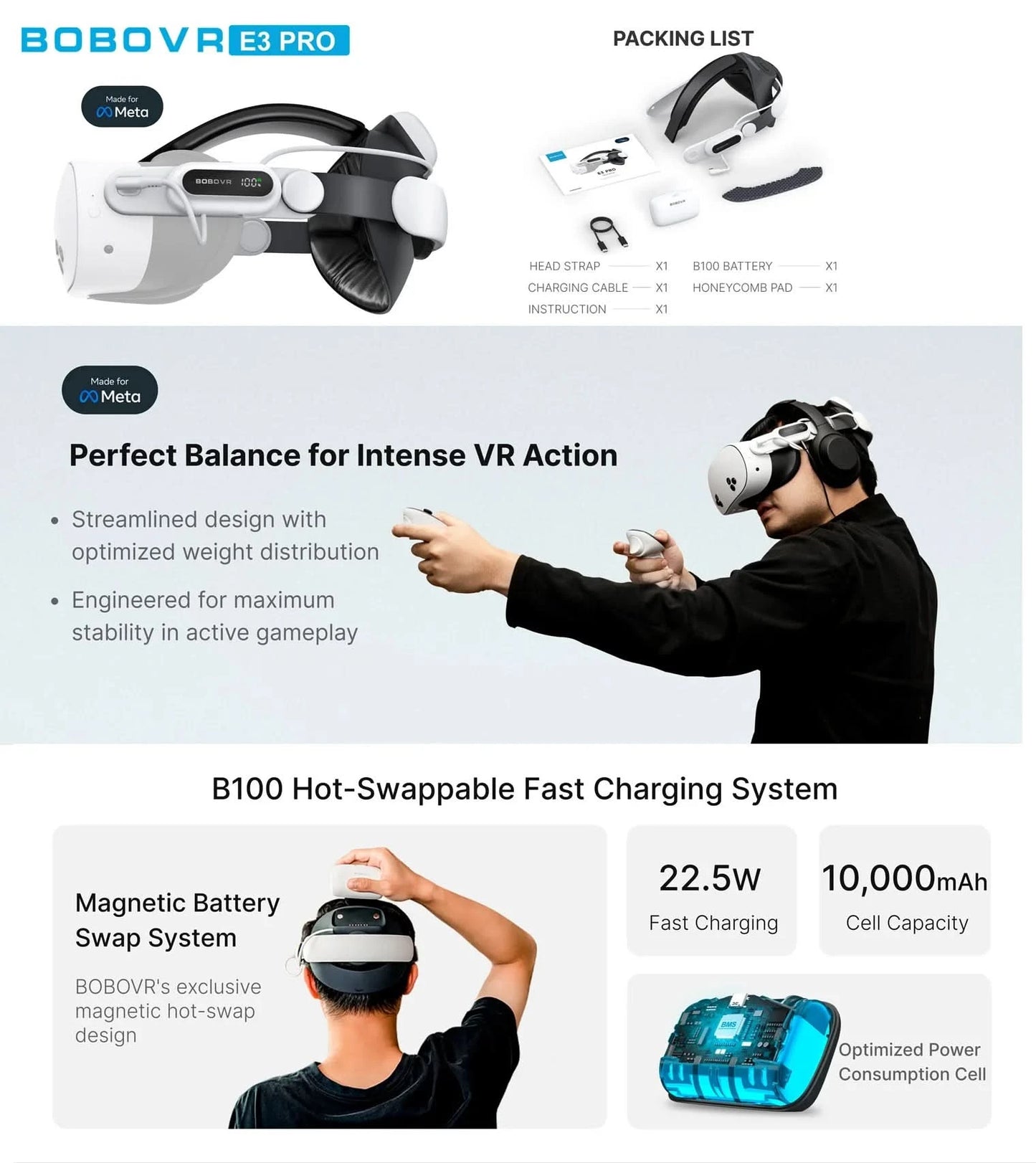 BOBOVR Head Strap kompatibel mit Meta Quest 3/Quest3S BOBOVR S3 Pro/E3PRO/M3 Pro Akku-Kopfband VR-Zubehör