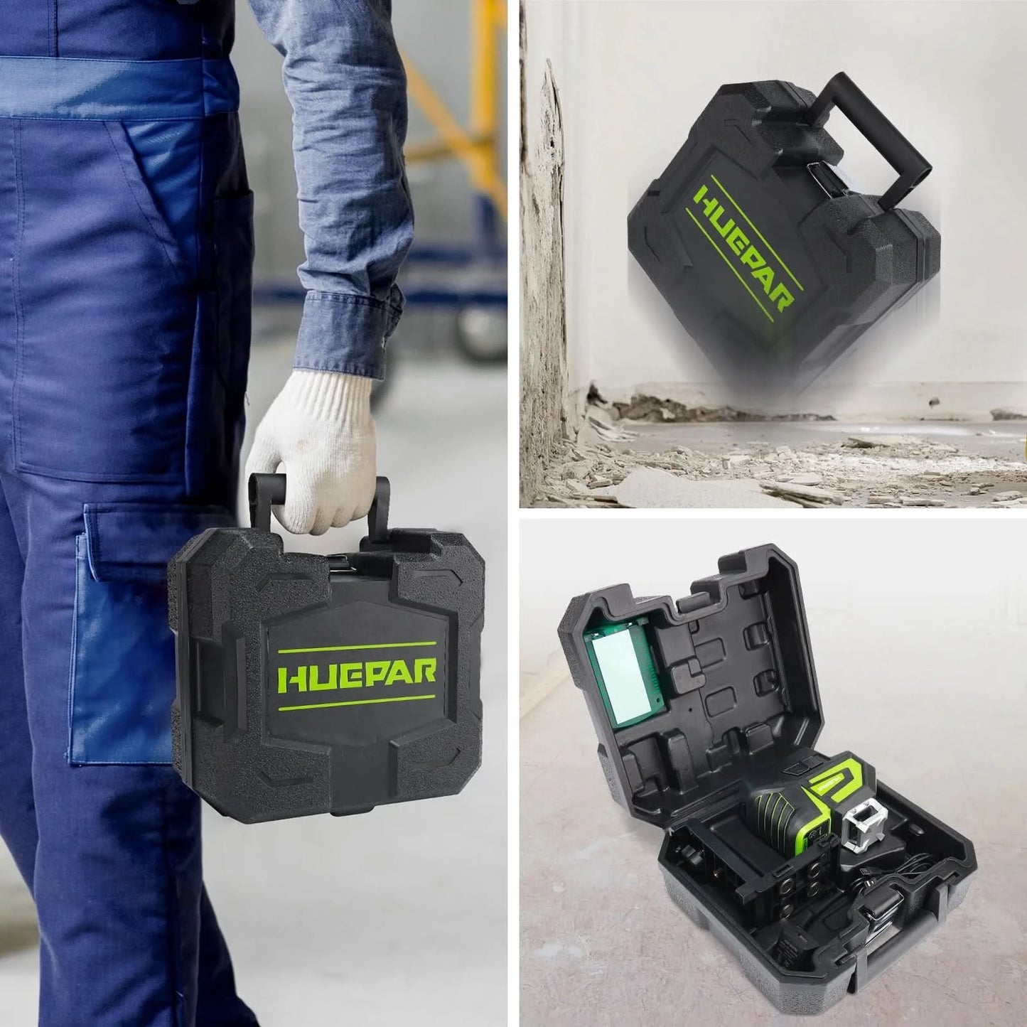Huepar 7211CG Grüner Kreuzlinienlaser mit Selbstnivellierung, 2 Lotpunkten, Li-Ionen-Akku, 360° Horizontal-Linie und großer Fächeröffnung, Laser-Messgerät