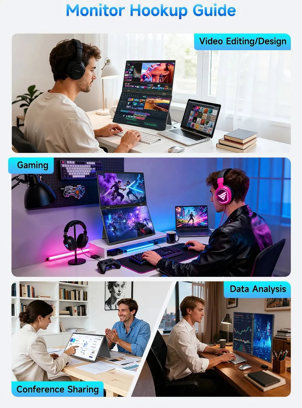 EVICIV Tragbarer Dual-Monitor 15,6 Zoll Stapelbar Faltbar Reise-Display 1080P 100% sRGB USB-C HDMI Dreifach Laptop-Bildschirm-Erweiterung