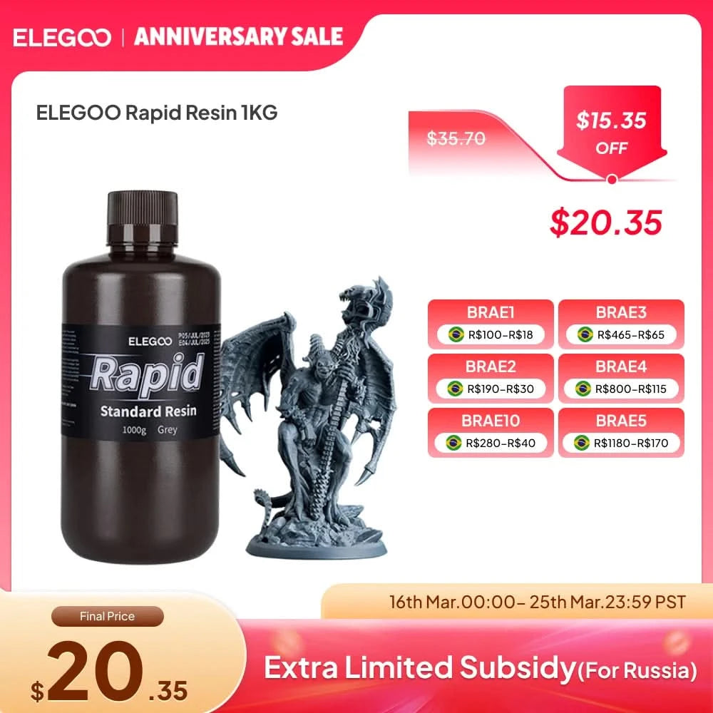 ELEGOO 3D Printer Rapid Resin LCD UV-Curing Resin 405nm Standard Photopolymer Resin for LCD 3D Printing 1000g Grey