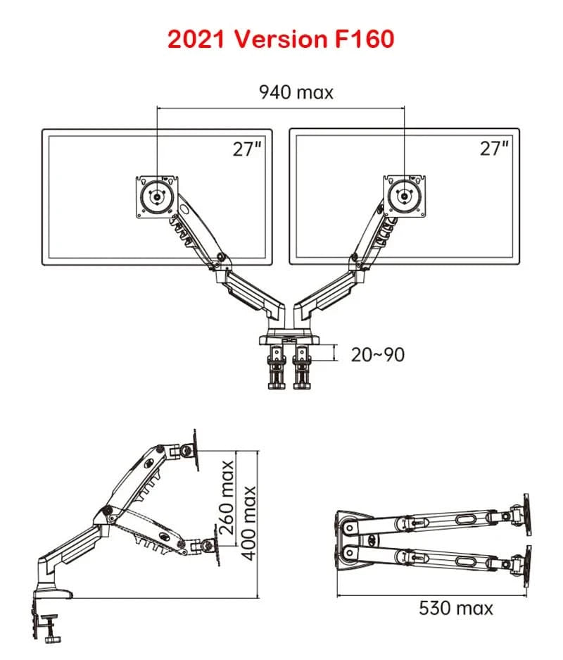 Weiße Dual-Monitorhalterung 17-30 Zoll, Halterung Belastbarkeit 2-9 kg pro Arm, NB F160