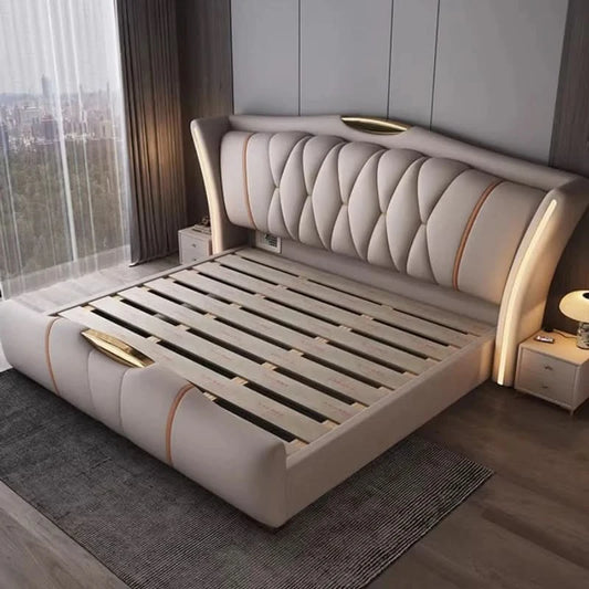 Home Leather bed with light modern minimalist lit 150x200 180x200 200x220 cm Double bed 2 people bedroom beds frames Furniture