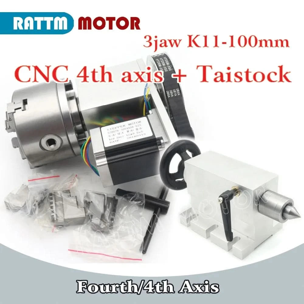 【EU&Brazil Stock】4 Axis Rotation A Axis Extend Rotary 4 Jaw 100mm K12-100 Chuck Nema23 Motor &Tailstock for Wood Metal Milling